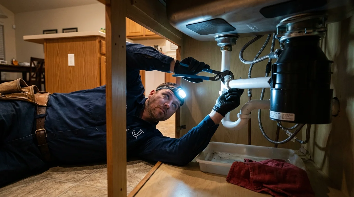 P-trap and supply line connections under a kitchen sink showing a common leak point in Belleville, PA